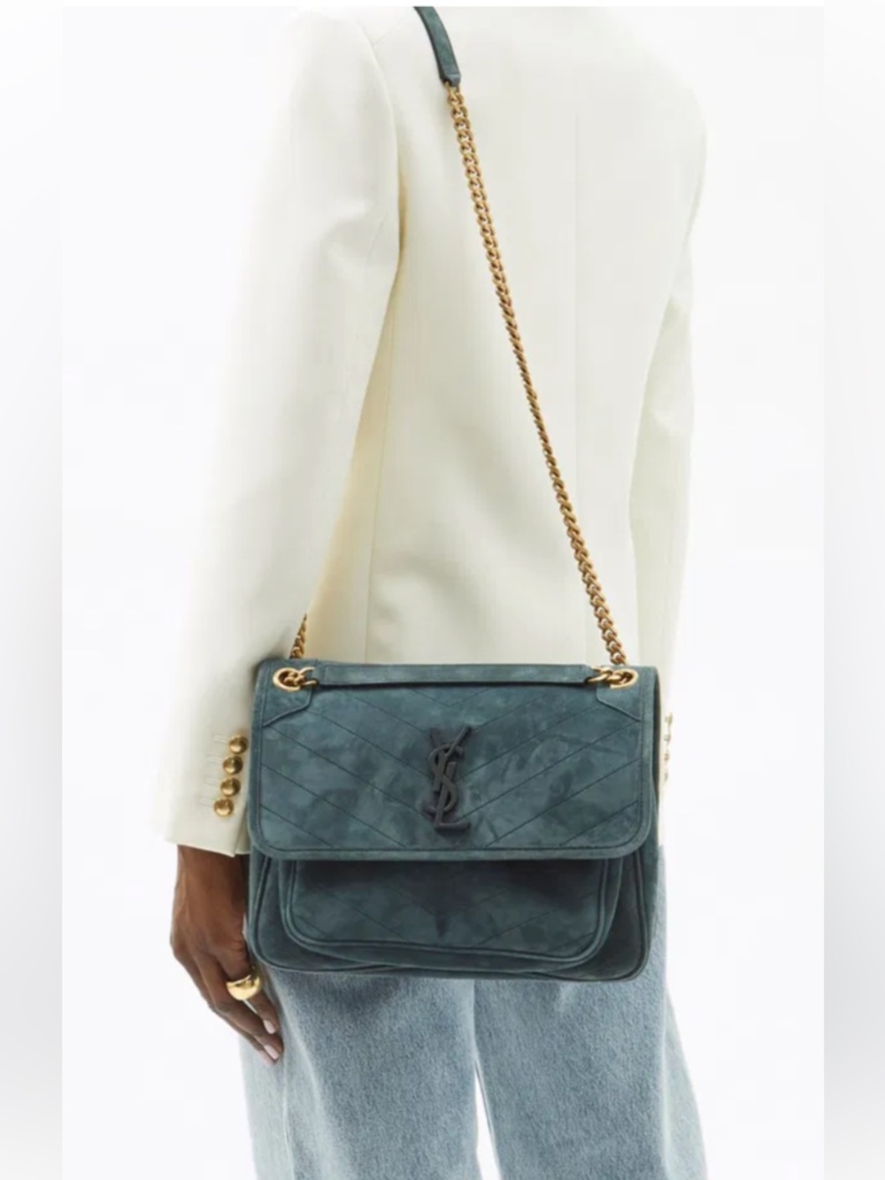 Saint Laurent Teal Suede Quilted Envelope Shoulder Bag with Chain